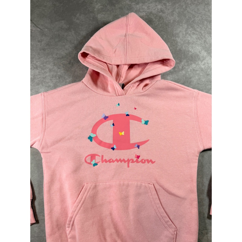Champion Girls Pink Butterfly Graphic Logo Pullover Hoodie Sweatshirt Size 6 - Picture 2 of 5